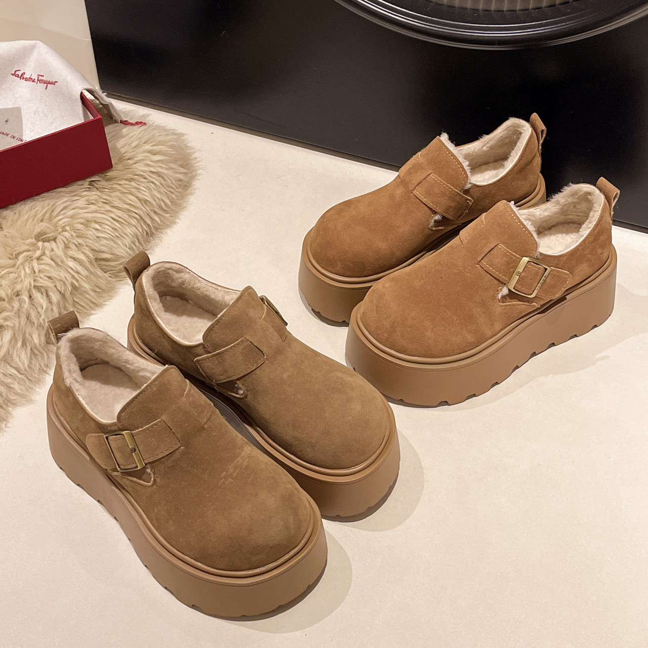 Platform Thick-Soled Height-Increasing Plush Birkenstock Shoes for Women, 2025 Autumn and Winter New Slip-On Loafers, Birkenstock Cotton Shoes, Size 34