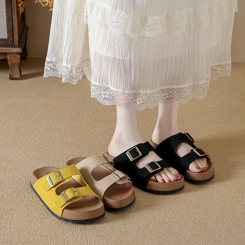 Yang Mi's Same Style Genuine Leather Birkenstock Slippers for Women, Summer Outdoor Wear, 2025 New Popular Model, Suitable with Skirts, Soft-Soled Slide Sandals