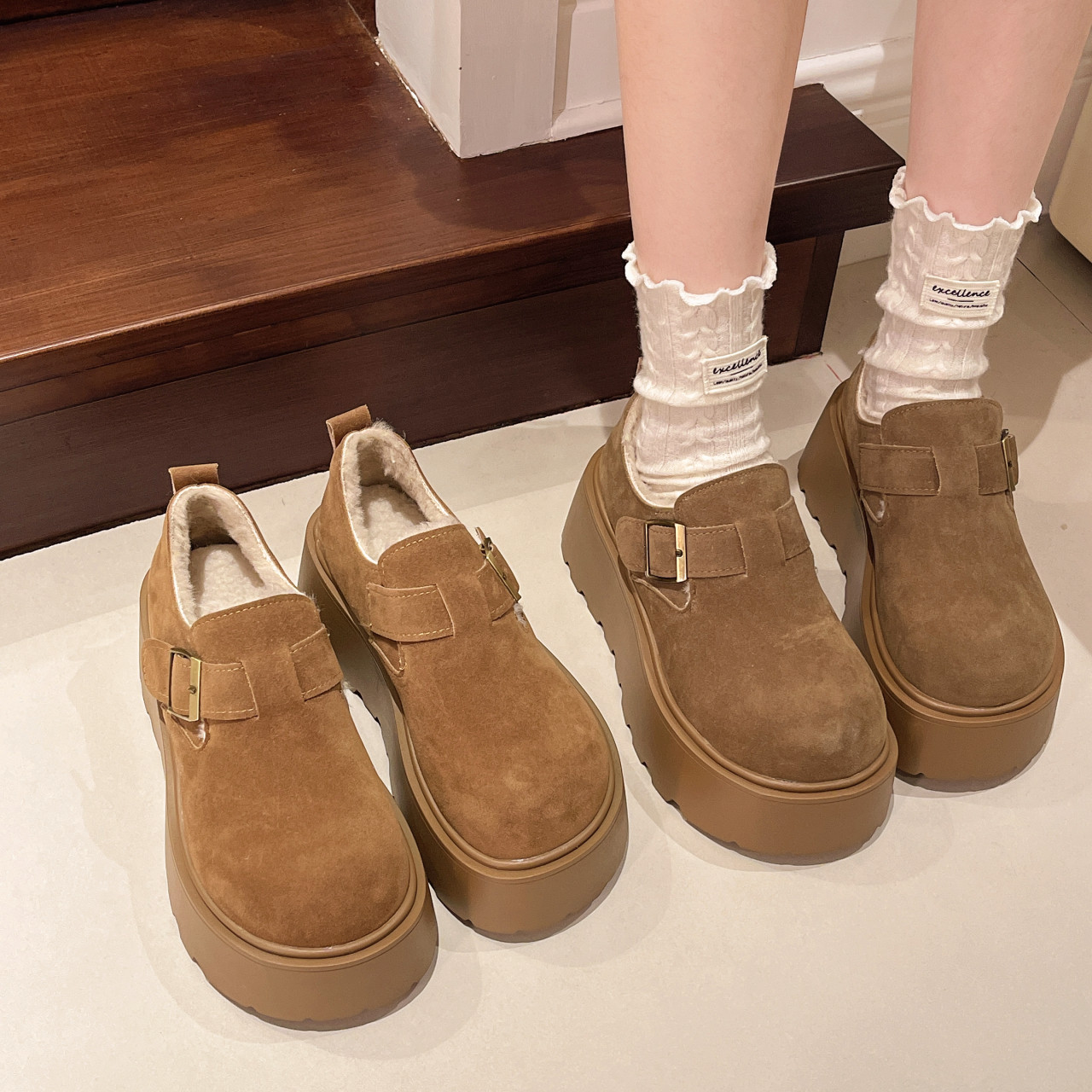 Platform Thick-Soled Height-Increasing Plush Birkenstock Shoes for Women, 2025 Autumn and Winter New Slip-On Loafers, Birkenstock Cotton Shoes, Size 34