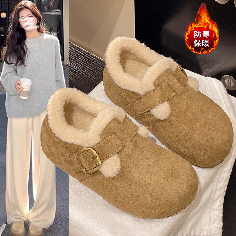 Retro Thick-Soled Velvet Birkenstock Shoes for Women, Winter 2025 New Style Warm Snow Boots, Slip-On Woolen Cotton Shoes, Size 34