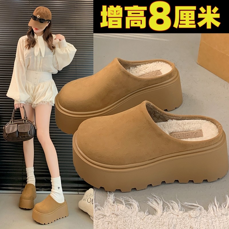 Thick-Soled Height-Increasing Birkenstock Shoes with Fleece Lining, Closed-Toe Slip-On Slippers for Women, 2025 New Autumn and Winter Model, Slip-On Birkenstock Cotton Shoes