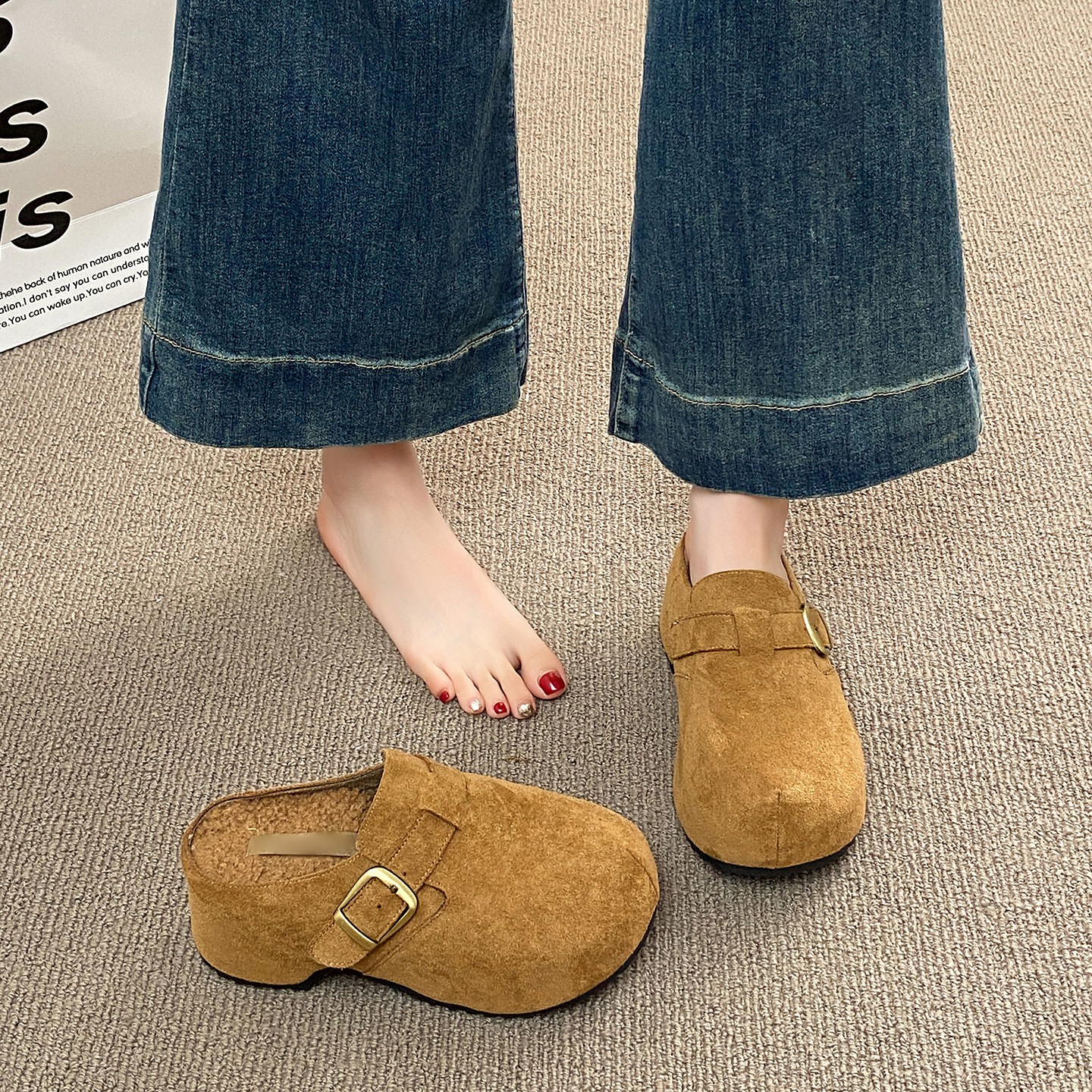 Thick-Soled, Height-Increasing, Fleece-Lined Birkenstock-Style Clogs, Closed-Toe Slip-On Slippers for Women, 2025 New Model, Slip-On Birkenstock-Style Cotton Slippers