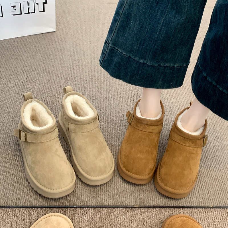 Thick-Soled Birkenstock-Style Leather and Fur Integrated Snow Boots for Women, Winter 2025 New Model, Fleece-Lined Cotton Boots, Large Cotton Shoes for Northeast, Size 34