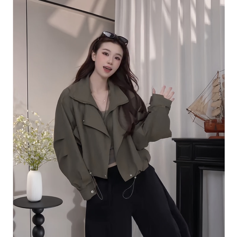 2026 Autumn New Workwear Style Short Jacket for Women with Large Lapel, Drawstring Waist, Loose Fit, Casual and High-End Feel 2026 Autumn New Workwear Style Short Jacket for Women with Large Lapel, Drawstring Waist, Loose Fit, Casual and High-End Feel