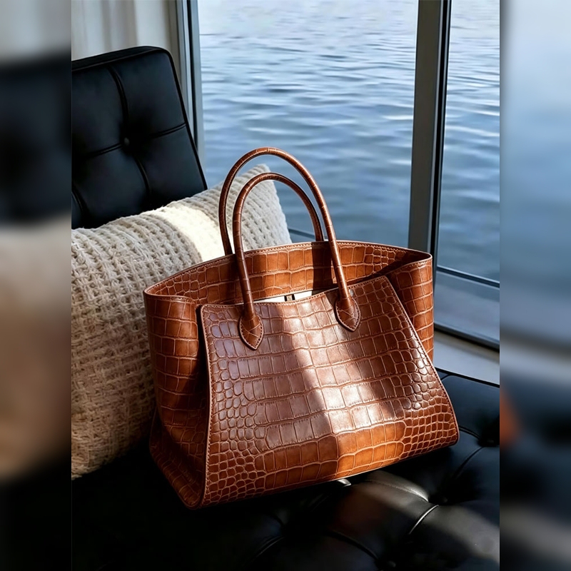 2026 New Crocodile Leather Brown Bag, High-End, Light Luxury, Niche, Single-Shoulder, Hand-Held, Commuter Tote Bag for Women, Autumn