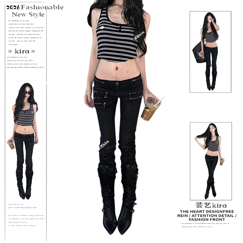 High Street Style Low-Rise Heavy-Duty Wax-Coated Skinny Jeans for Women with Zipper Design, Slim Fit and Flattering Tapered Pants