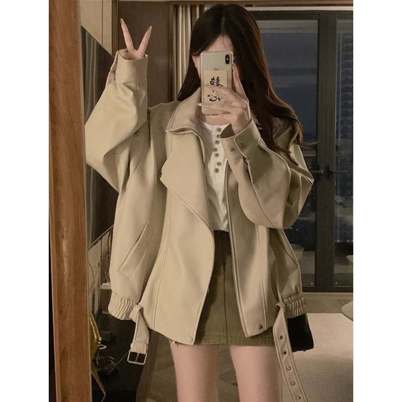Autumn and Winter Retro Fashion Wear Pu Leather Long-Sleeved Jacket for Women Korean Style High-End Elegant Niche Loose Jacket Top