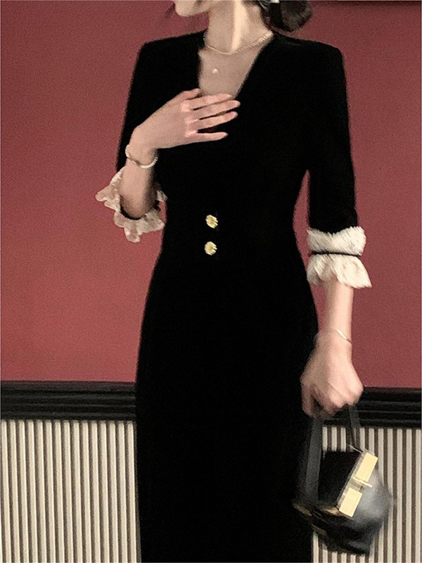 French Hepburn Style Black Velvet Dress, High-End Waist-Cinching Little Black Dress, High-End Light Luxury Niche Formal Dress for Women