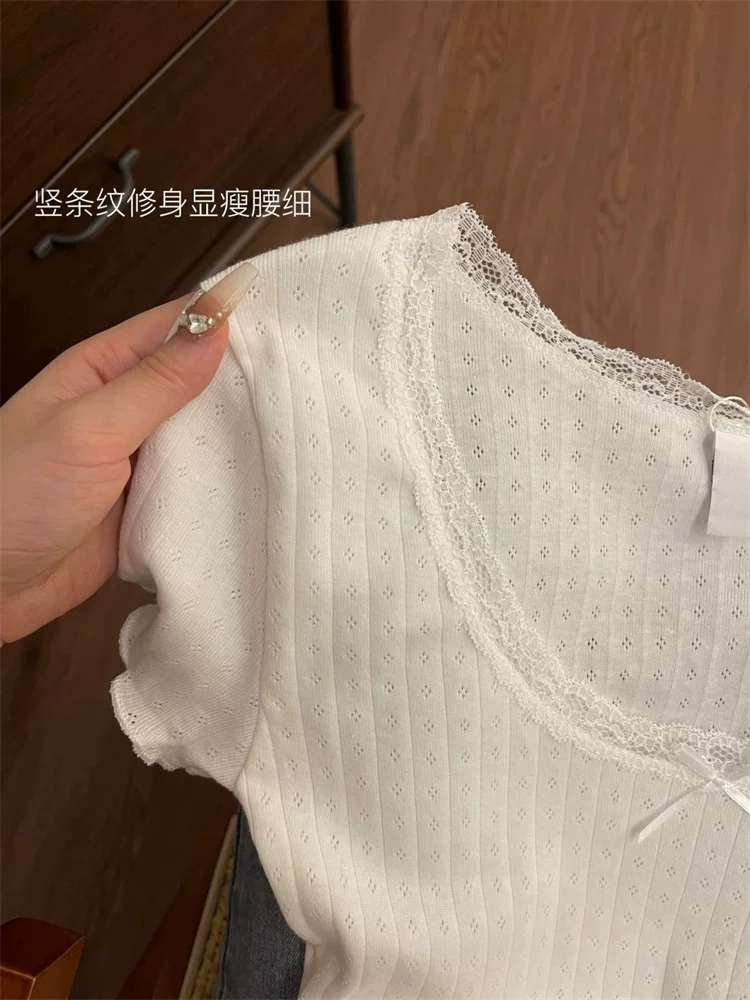 Белый милый кружевной базовый облегающий летний короткий топ с коротким рукавом