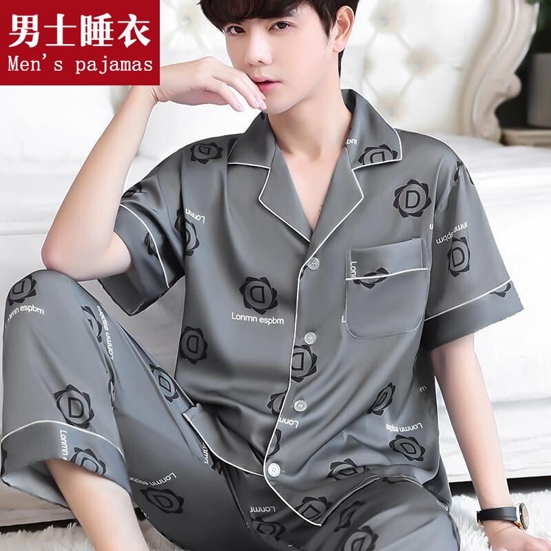 Pajamas for Men, Thin Ice Silk, Summer Chiffon, Silk Home Wear, Breathable New Silk Short-Sleeved Summer Pants Set