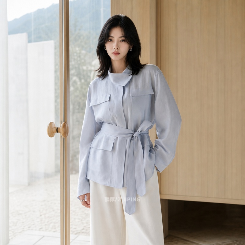 2026 New Korean-Style Autumn Light Blue Waist-Cinching Shirt for Women with Tie, Commuter Style, Elegant Long-Sleeve Top