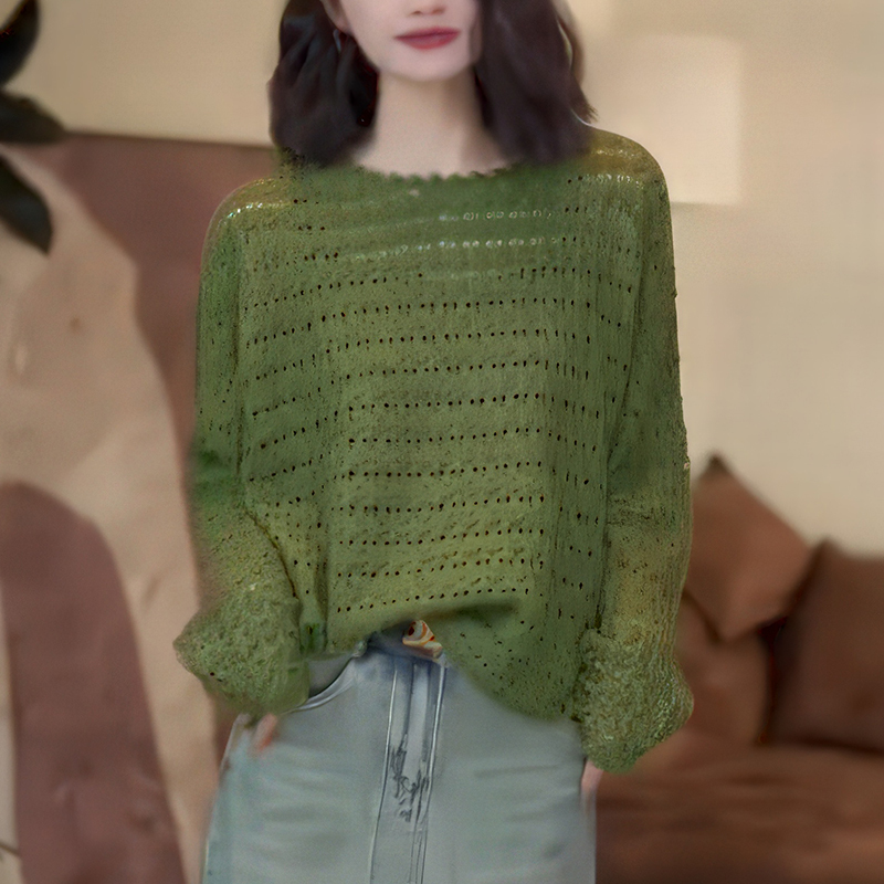 Zui Ping 2026 Autumn New Green Round Neck Hollow Design Knit Sweater for Women Casual Versatile Lazy Style Top