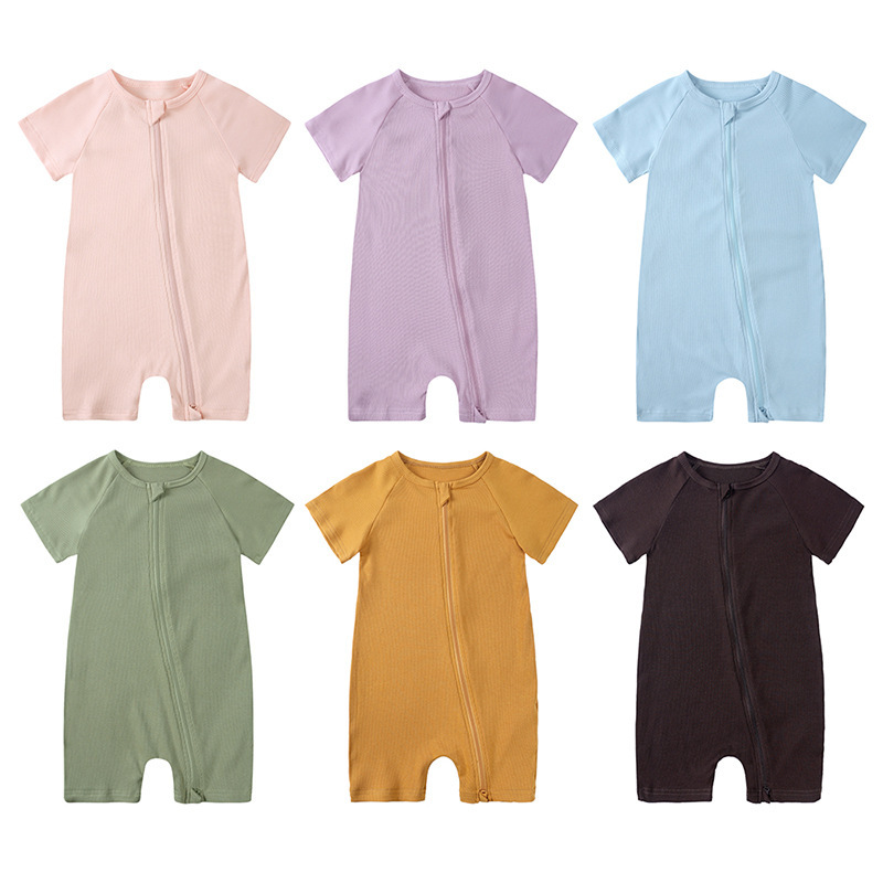 Baby Romper with Ribbed Texture, Summer Short-Sleeve Double Zipper Crawling Suit, European and American Style Toddler Bamboo Fiber Baby Clothes