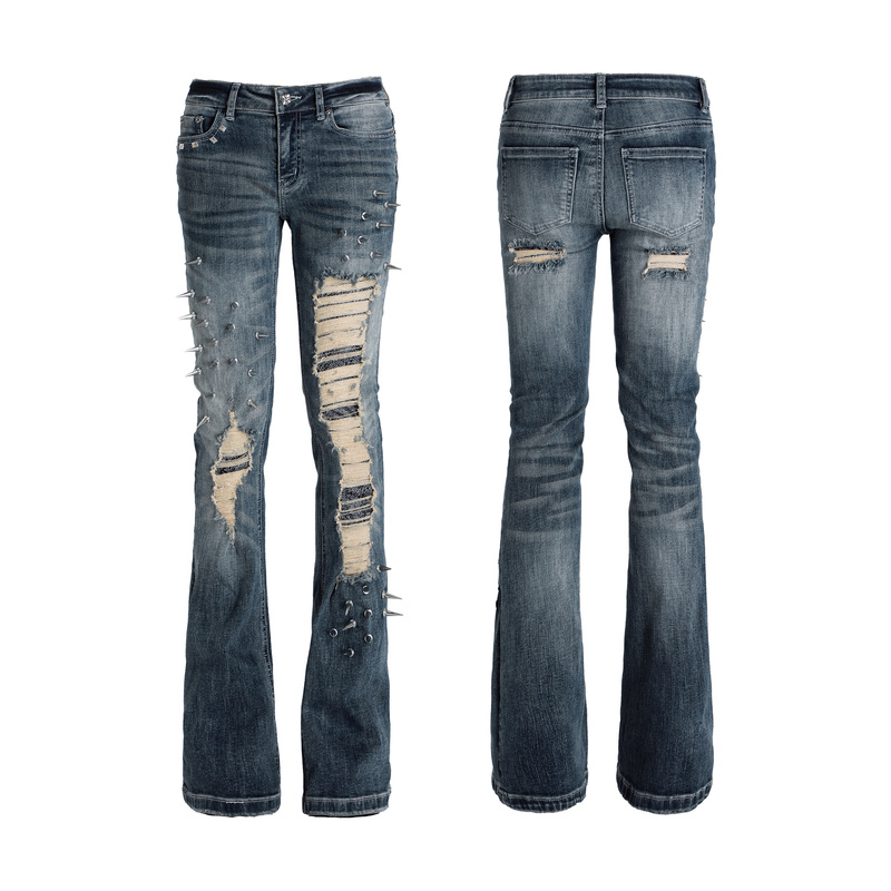 Sexxdevil 26Aw'Spiked Snake Pattern' Blue Washed Distressed Patch Skinny Flared Jeans