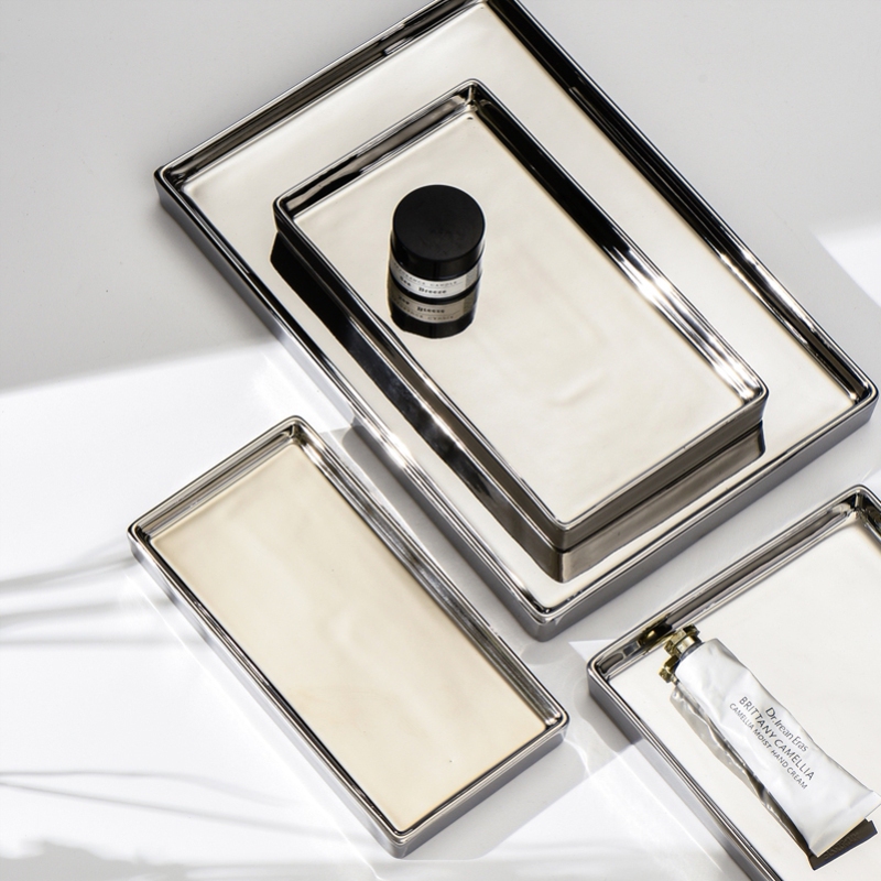 German Imported High-End Light Luxury Electroplated Silver Ceramic Tray Rectangular Storage Tray Jewelry Tray Home Decoration