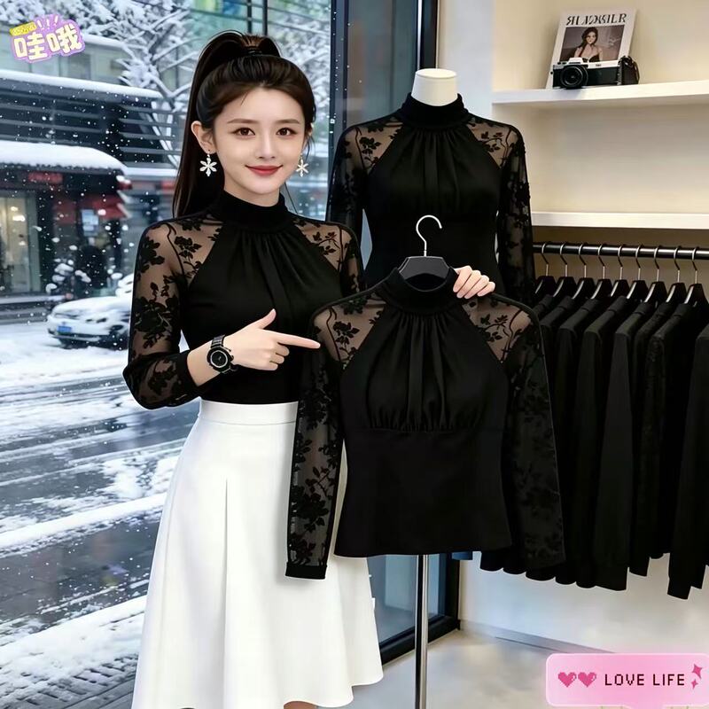 Autumn and Winter Black Turtleneck Long-Sleeve Base Layer Top for Women with Mesh Lace Splicing, Versatile Coat, Inner Layer for Suits, Layering Shirt Autumn and Winter Black Turtleneck Long-Sleeve Base Layer Top for Women with Mesh Lace Splicing, Versatile Coat, Inner Layer for Suits, Layering Shirt