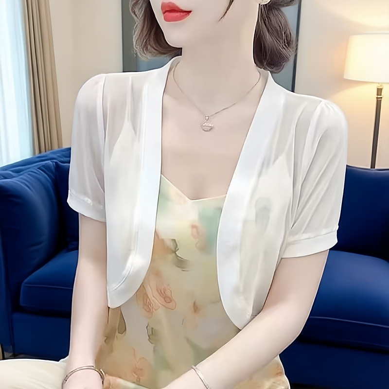 Ice Silk Short-Sleeved Breathable Cardigan for Women, Summer Shawl, Short High-Waisted Vest, Camisole Dress, Thin Outerwear Cover-Up