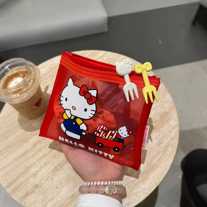 Hello Kitty Transparent Mesh Bag, Summer High-Fashion Portable Cosmetic Bag, Multifunctional Coin Purse Storage Bag