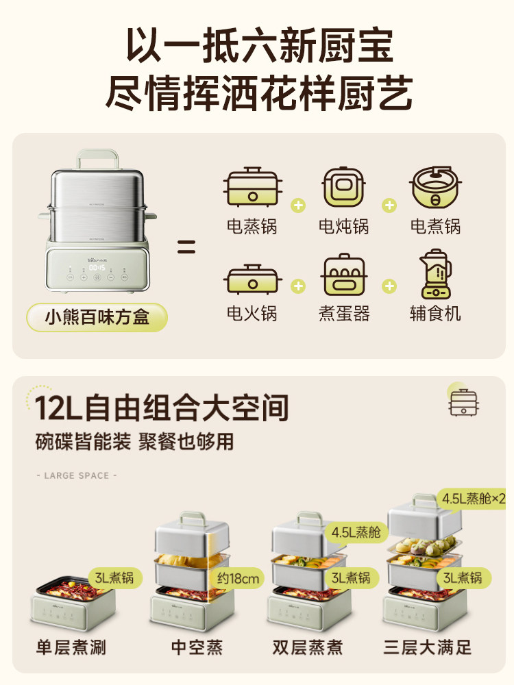 Bear Electric Steamer Stainless Steel Household Three-Layer Large Capacity Steamer and Cooker All-In-One Steaming Box Breakfast Maker 2025 New Model