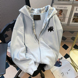 Korean Style Early Autumn 2025 Trendy Sweatshirt Cardigan for Female Junior High School Students, Sweet and Loose Design with Plaid Hooded Jacket