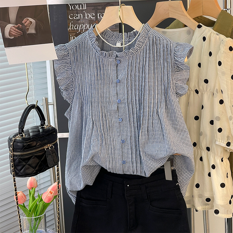French-Style Unique Sweet Plaid Sleeveless Shirt for Women, Summer Japanese-Style Chic Flutter-Sleeve Base Shirt Top French-Style Unique Sweet Plaid Sleeveless Shirt for Women, Summer Japanese-Style Chic Flutter-Sleeve Base Shirt Top
