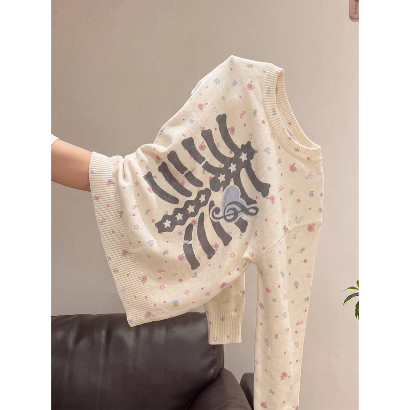 Korean-Style Retro Floral Full-Print Musical Note Skeleton Long-Sleeve Sweater for Women, Autumn and Winter, Youthful Sweet Versatile Knit Top