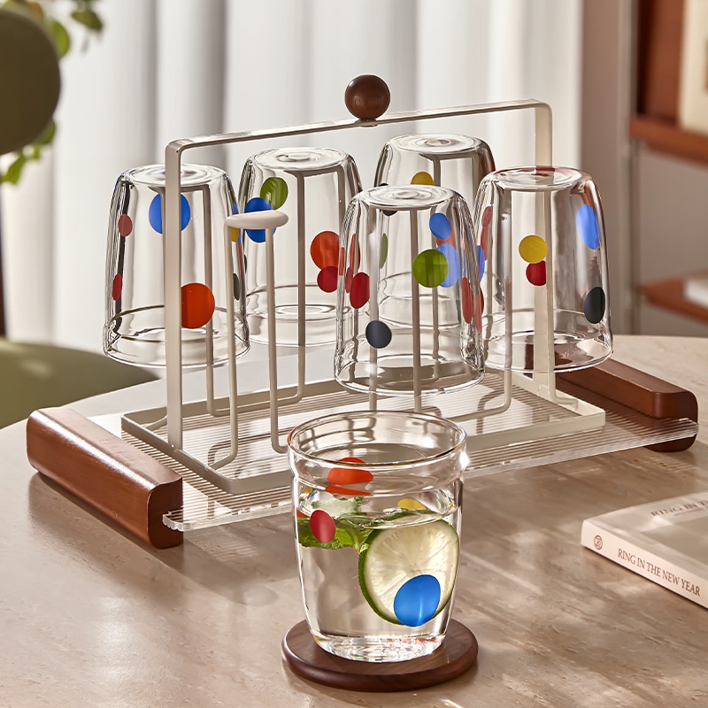 Retro Polka Dot Glass Cup Set for Home Use, High Temperature Resistant Drinking Cups, Living Room Guest Tea Cups, Large Capacity Coffee Cups