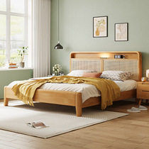 S retro black solid wood rattan bed wabi-sabi style 1 8m double bed bedroom with night light 1 5m bedroom bed new style