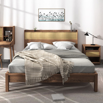 Solid wood bed Nordic wabi-sabi style double bed bed and breakfast hotel ash wood rattan backrest 1 5 meters 1 8 meters large bed