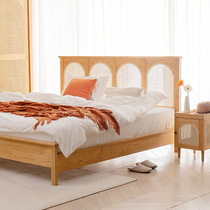 Wabi-sabi style Nordic rattan solid wood bed retro simple 1 5 single Japanese ash wood master bedroom 1 8 meter double bed
