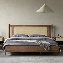 Modern simple solid wood bed home new Chinese style black walnut rattan bed retro B&B double bed small apartment