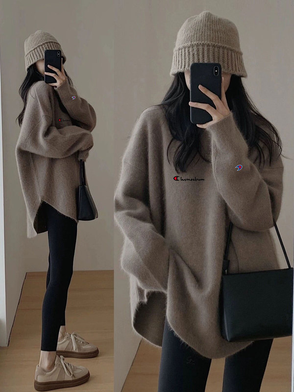 Selling Cute Champion Raccoon Velvet Knitwear for Women Mid-Length Autumn and Winter Lazy Style Slit Thickeneded Round Neck Outer Knitwear