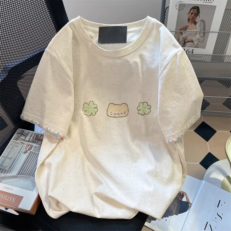 Korean Style Cute Four-Leaf Clover Cat Print Short-Sleeved T-Shirt for Girls, Summer Loose Top for Middle and High School Students