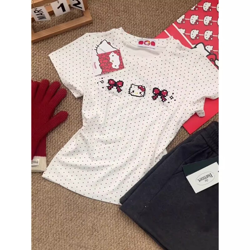 Korean-Style Sweet Polka-Dot Cute Kitty Cat Short-Sleeved T-Shirt for Girls, Summer Slim-Fit Versatile Top for Middle and High School Students