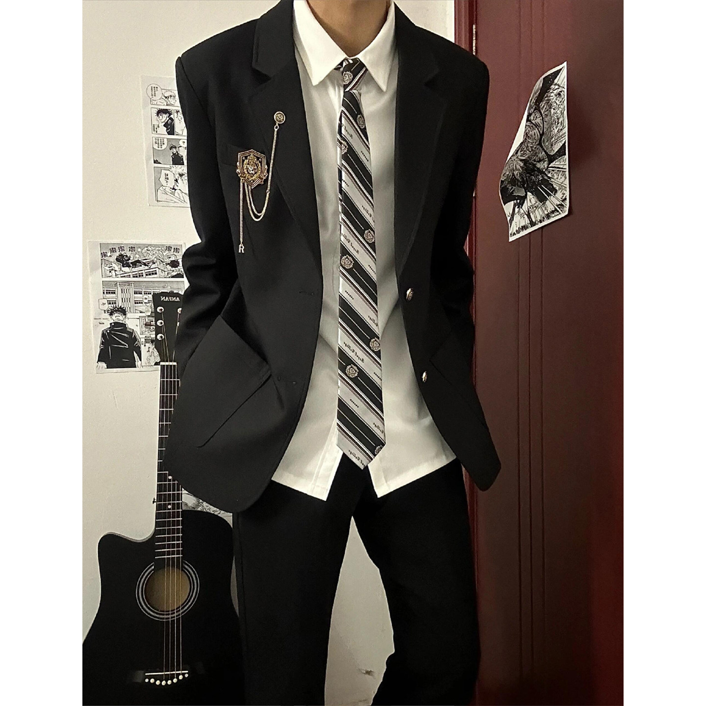 dk男生西装制服外套休闲高级感复古正流行两粒扣黑色小众西服套装