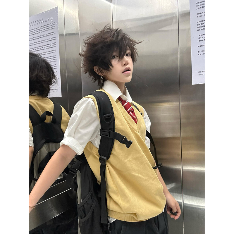 Dkjk Uniform Unisex Pure Cotton Sweater Vest Yellow Cosplay Knitted Pullover Sleeveless Vest V-Neck Dkjk Uniform Unisex Pure Cotton Sweater Vest Yellow Cosplay Knitted Pullover Sleeveless Vest V-Neck