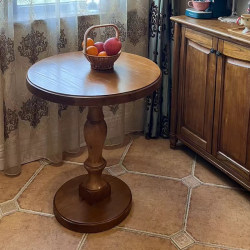 French-Style Vintage Small Round Table with a Single Leg, Solid Wood Coffee Table, Round Dining Table, Sofa Bedside Table, Side Table in Walnut Coffee Color