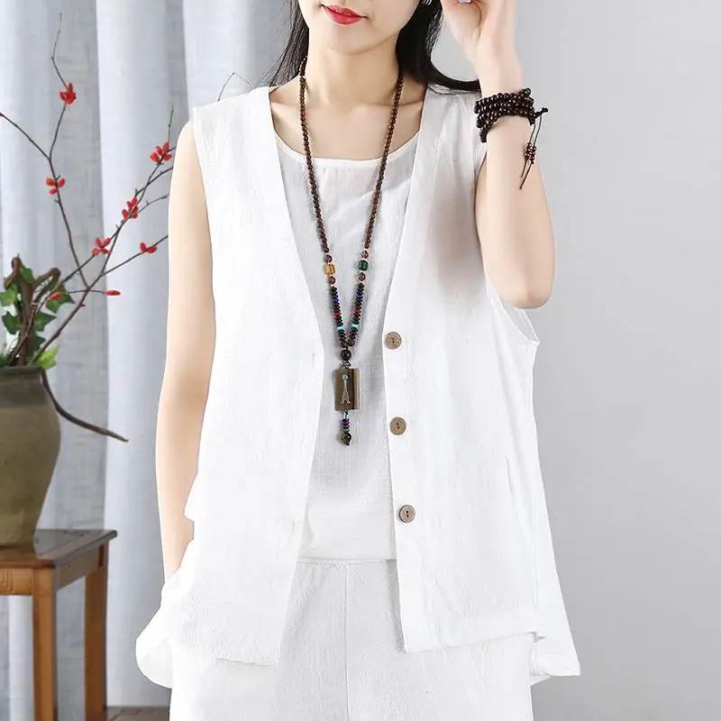 Vintage Cotton and Linen Vest Jacket for Women 2026 Summer New Loose Versatile Sleeveless Thin Cardigan Vest for Women