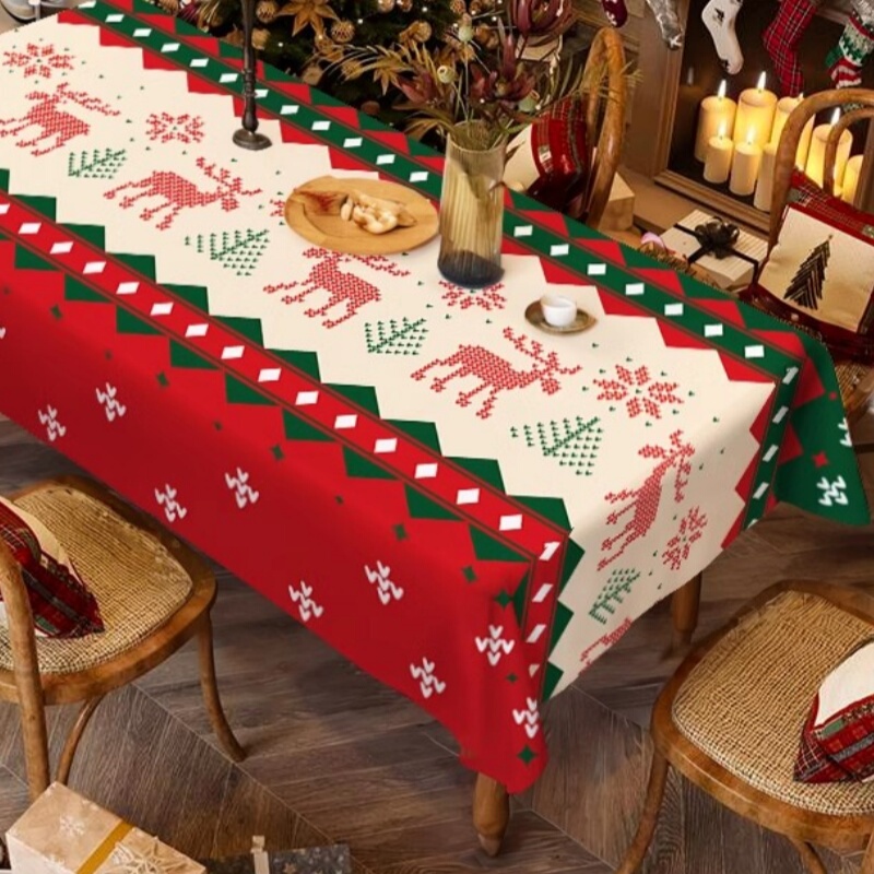 Christmas Tablecloth with Snowflakes and Reindeer, Red Coffee Table and Dining Table Mat, Atmospheric Photo Props, Rectangular, Spring Festival Decoration