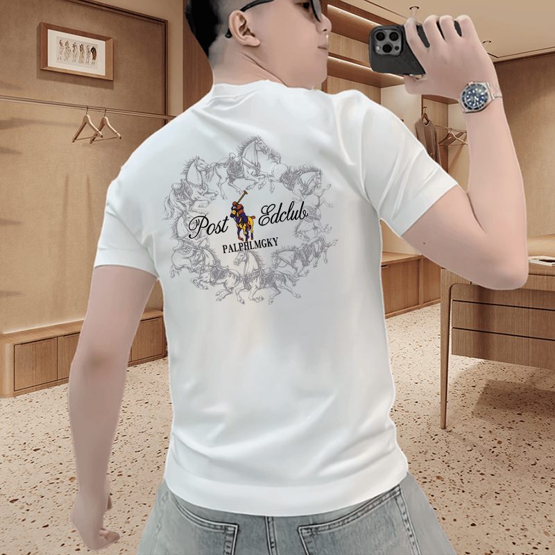 Trendy Slim-Fit Short-Sleeve T-Shirt for Men, Summer War Horse Print, Round Neck, Versatile, Breathable Top ins Cool Sorona