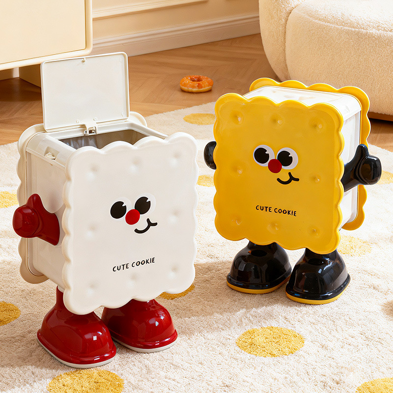 Cartoon Biscuit-Shaped Trash Can for Home Living Room, Light Luxury, Large Capacity, Press-Type, Cute and Creative, with Lid and Wheels, Movable