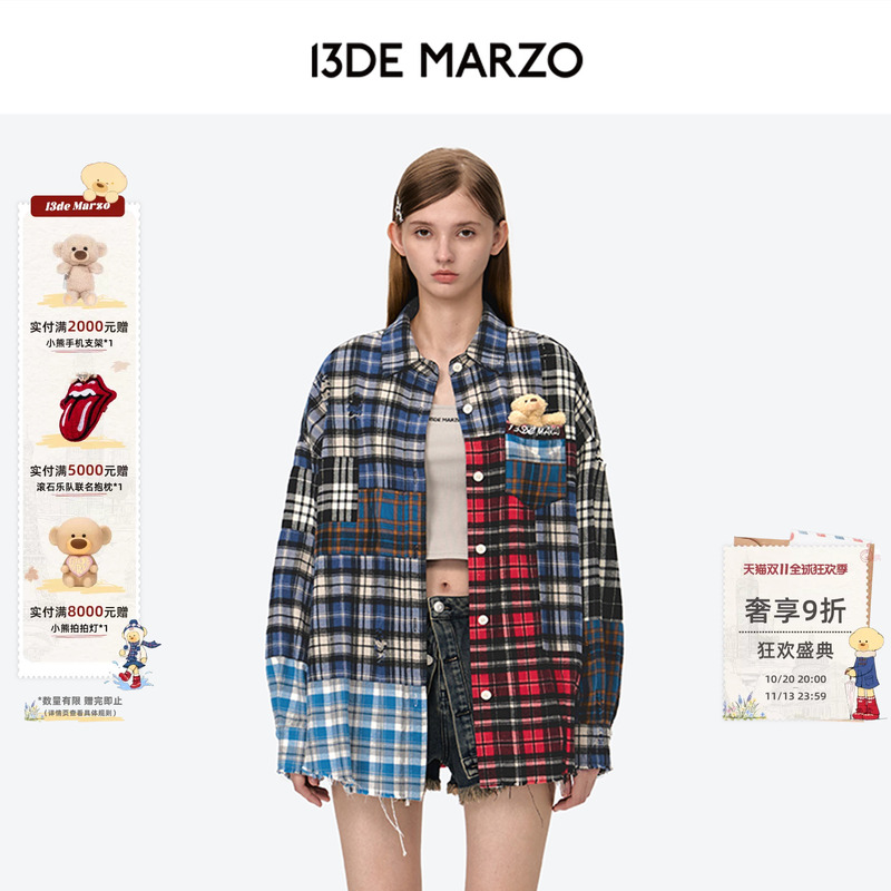 13De Marzo Unisex Bear Pattern Plaid Patchwork Shirt Autumn Vintage Color-Block Loose Jacket