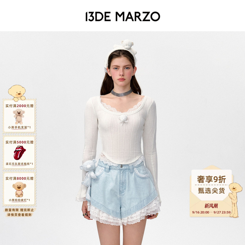 13De Marzo Women's Bear Lace Long Sleeve Base Shirt with Unique Design, Flared Sleeves, Short Slim Fit T-Shirt