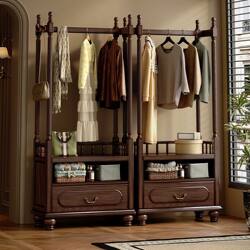 American-Style Retro Solid Wood Coat Rack, Vintage-Style Study Room Bedroom Floor-Standing Clothes Rack, Black Walnut Drawer Storage Rack
