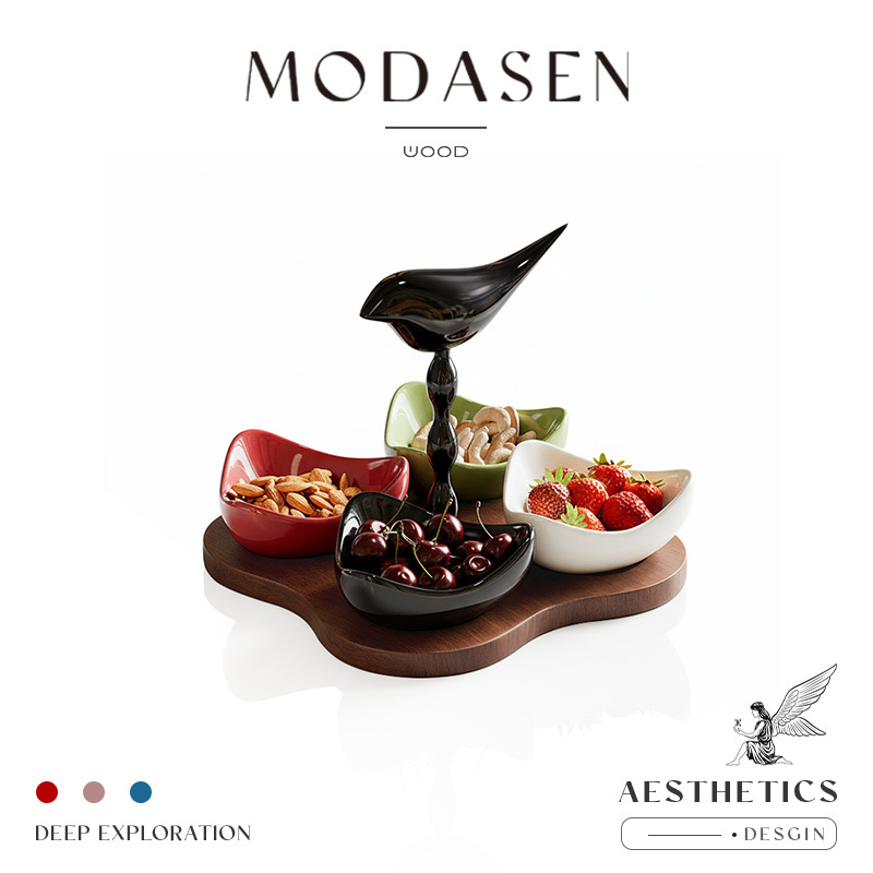 Modasen丨Dongqu Niao Vintage Walnut Wood Ceramic Dessert Plate Living Room Coffee Table Snack Nut Dish Tray