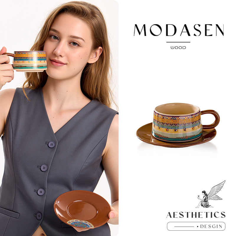 Modasen丨Tibetan Style Djus American Retro Ceramic Coffee Cup and Saucer, High-Value Latte Cup, Afternoon Tea Cup Modasen丨Tibetan Style Djus American Retro Ceramic Coffee Cup and Saucer, High-Value Latte Cup, Afternoon Tea Cup