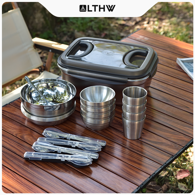 Lthw Travel Outdoor Tableware Portable Set Camping Supplies Equipment Picnic Soup Bowl Deep Plate Cup Chopsticks Spoon Stainless Steel