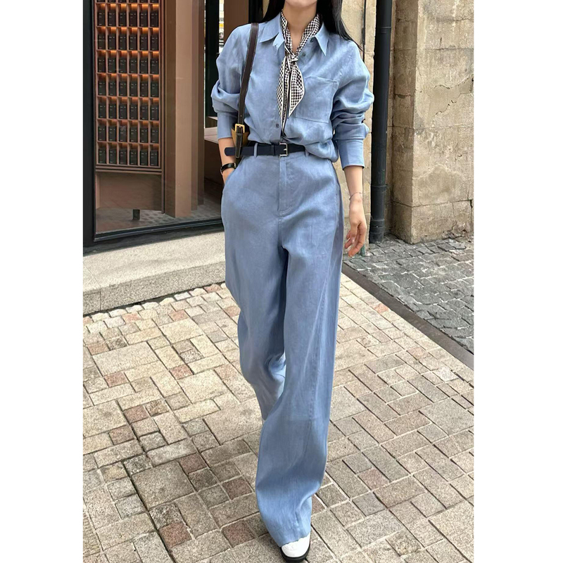 High-End Old Money Style Linen Suit for Women, Summer Lazy and Loose-Fitting, Elegant Blue Cotton-Linen Shirt and Casual Pants Two-Piece Set