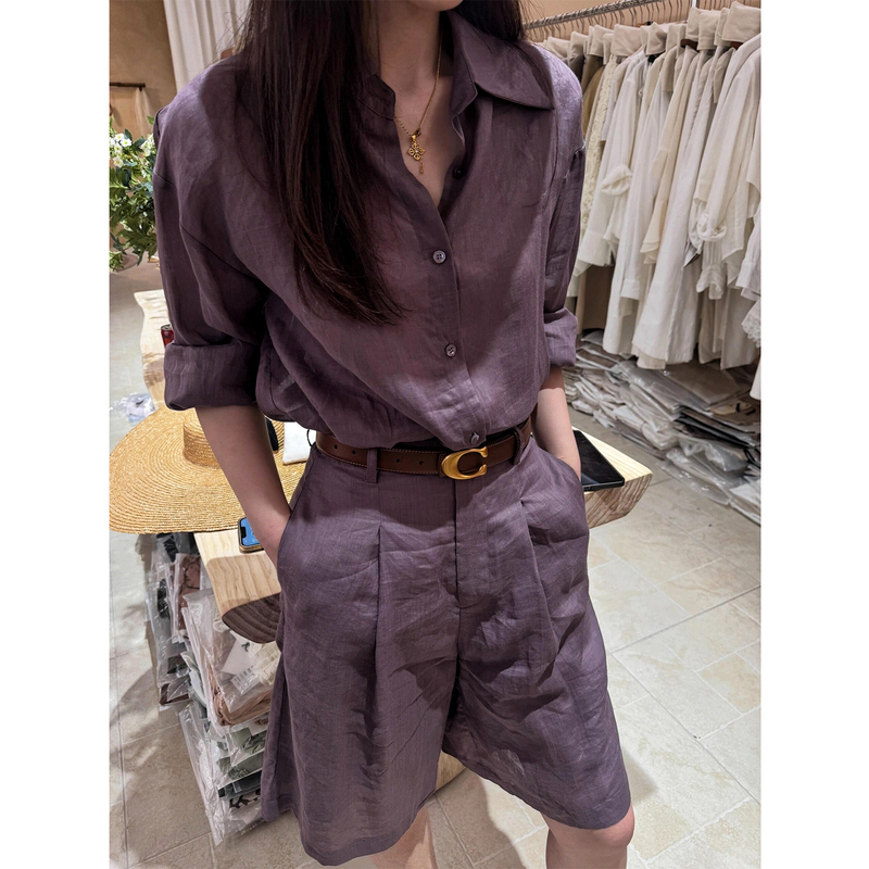 High-End Old Money Style Casual Linen Shirt Set for Women, Summer Elegant Light Luxury Cotton and Linen Sun Protection Clothing Shorts Two-Piece Set High-End Old Money Style Casual Linen Shirt Set for Women, Summer Elegant Light Luxury Cotton and Linen Sun Protection Clothing Shorts Two-Piece Set
