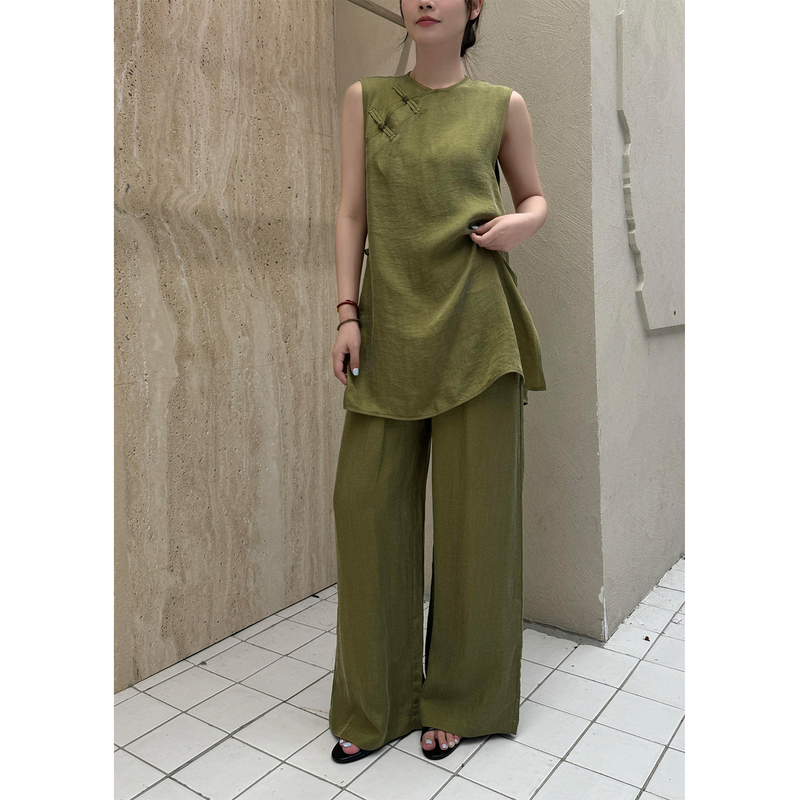 Green New Chinese Style Cotton and Linen Suit for Women, Summer Zen Style, Simple and Elegant Linen Button-Up Vest and Casual Pants Two-Piece Set